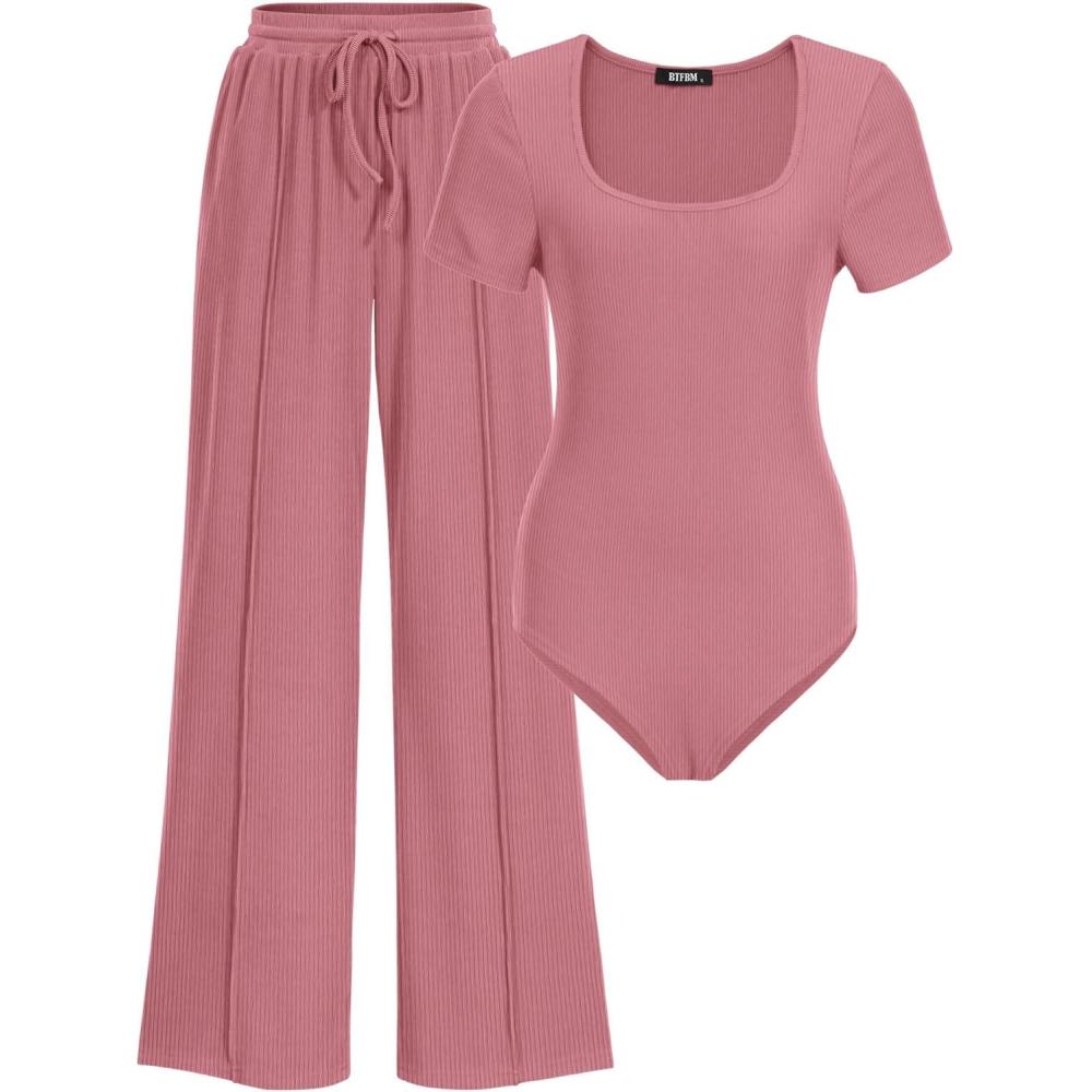 imageBTFBM Womens Spring 2 Piece Outfits 2026 Square Neck Short Sleeve Bodysuit Drawstring Pants Knit Lounge Matching SetsPink