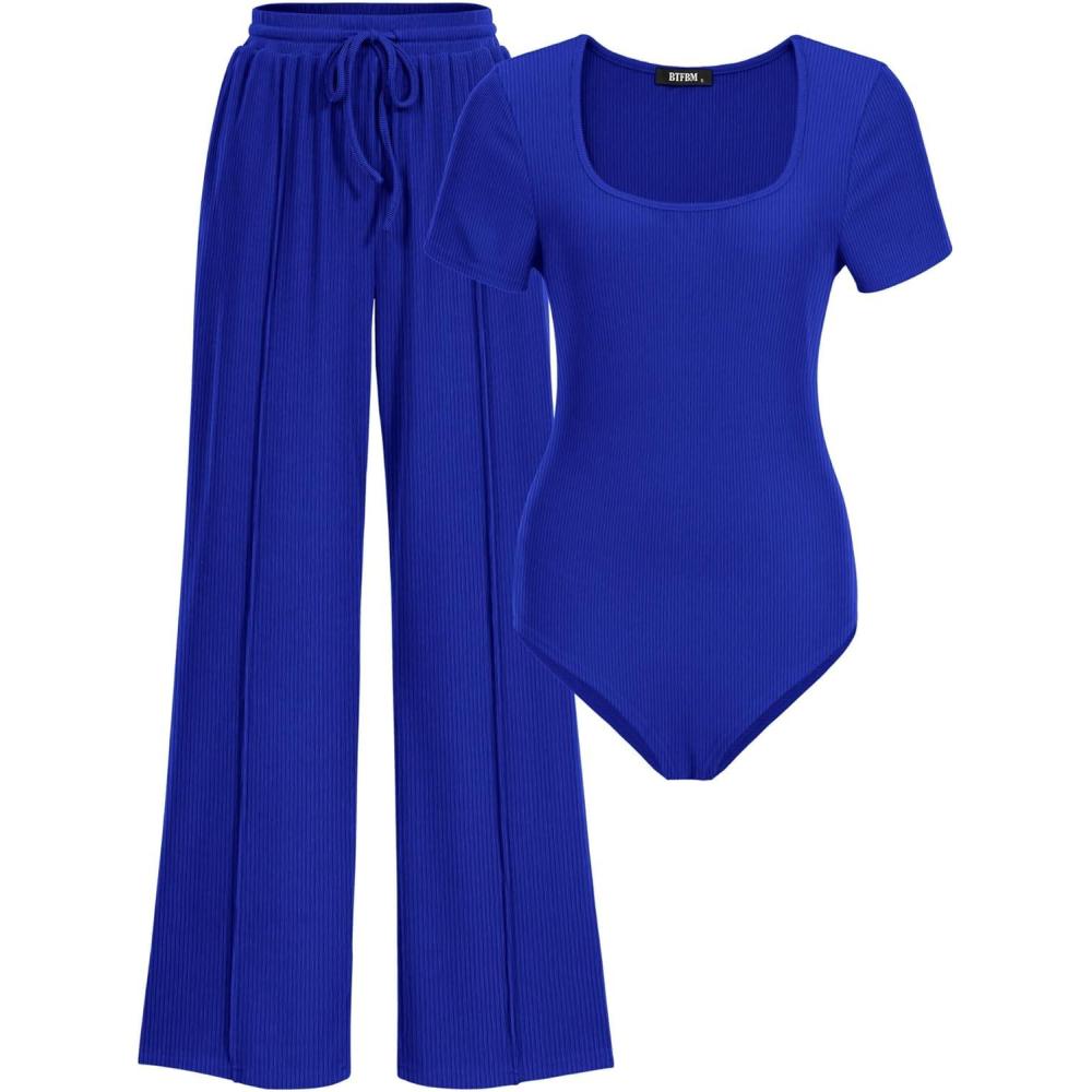 imageBTFBM Womens Spring 2 Piece Outfits 2026 Square Neck Short Sleeve Bodysuit Drawstring Pants Knit Lounge Matching SetsRoyal Blue