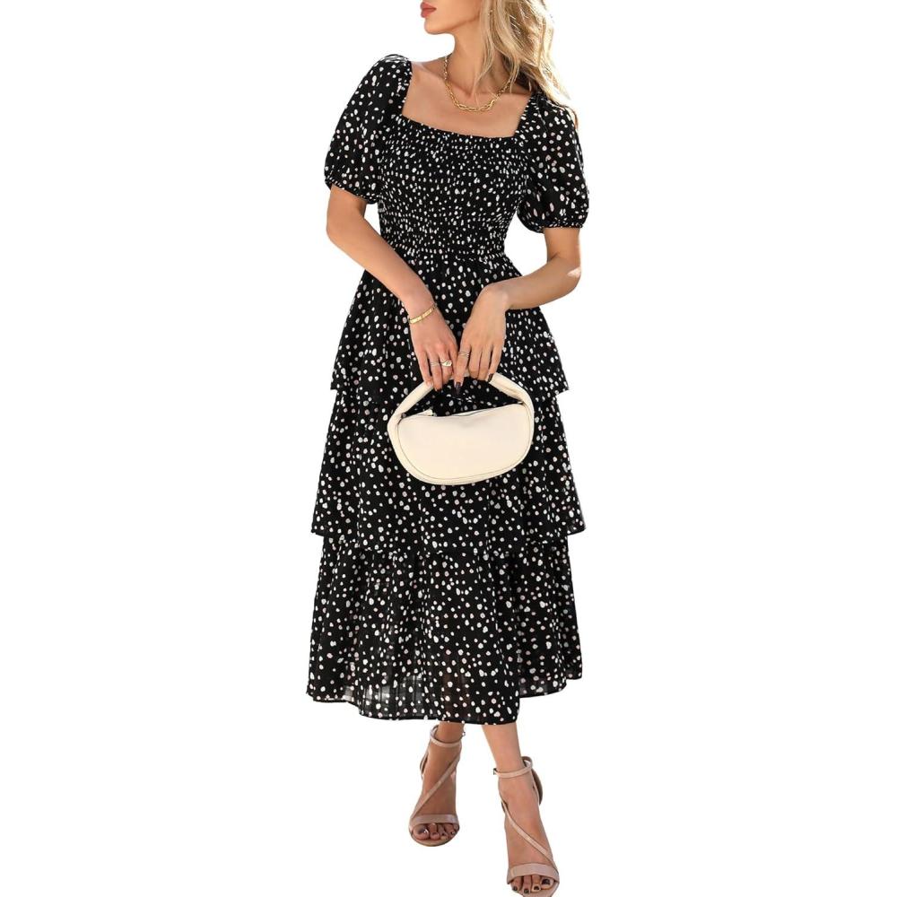 imageBTFBM Womens Square Neck Smocked Dress Summer Puff Short Sleeve Floral Casual Ruffle Tiered Maxi Wedding Guest DressesDot Black Multicolor