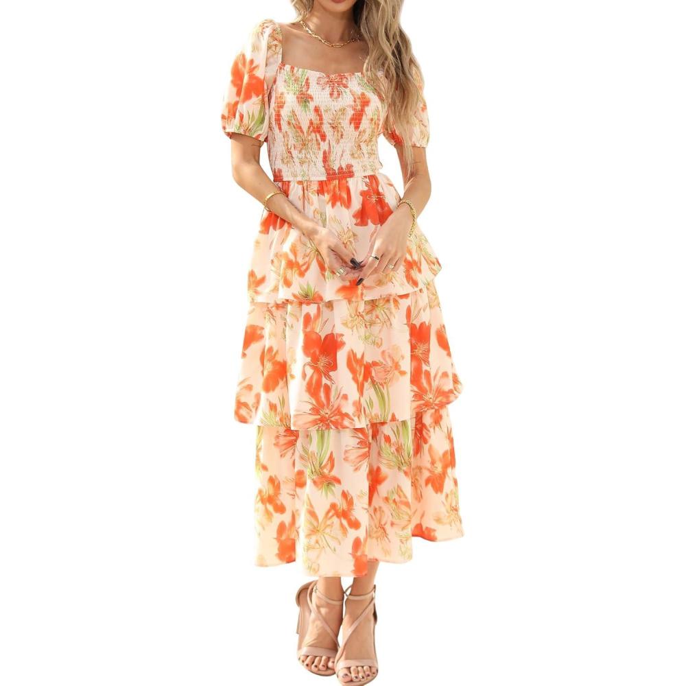 imageBTFBM Womens Square Neck Smocked Dress Summer Puff Short Sleeve Floral Casual Ruffle Tiered Maxi Wedding Guest DressesFloral Apricot Orange