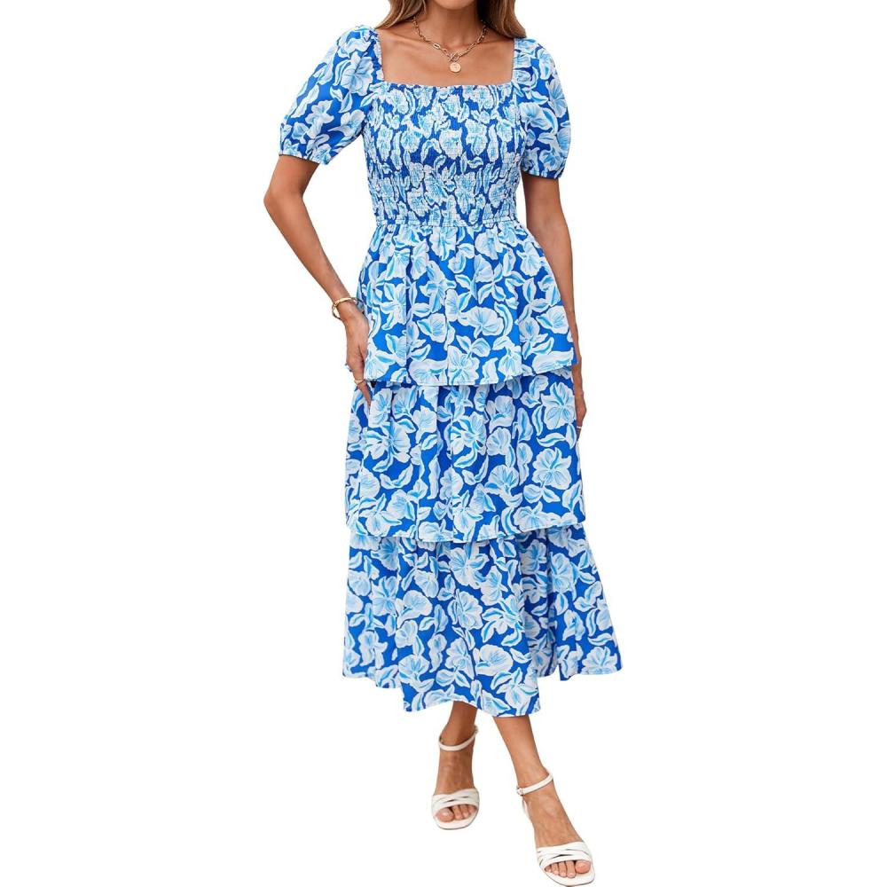 imageBTFBM Womens Square Neck Smocked Dress Summer Puff Short Sleeve Floral Casual Ruffle Tiered Maxi Wedding Guest DressesFloral Blue