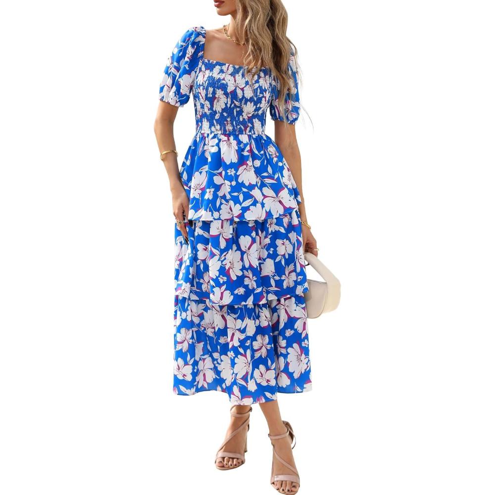 imageBTFBM Womens Square Neck Smocked Dress Summer Puff Short Sleeve Floral Casual Ruffle Tiered Maxi Wedding Guest DressesFloral Blue White