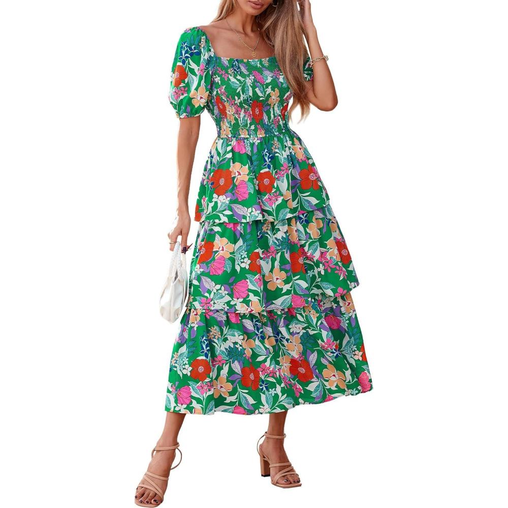 imageBTFBM Womens Square Neck Smocked Dress Summer Puff Short Sleeve Floral Casual Ruffle Tiered Maxi Wedding Guest DressesFloral Green Orange