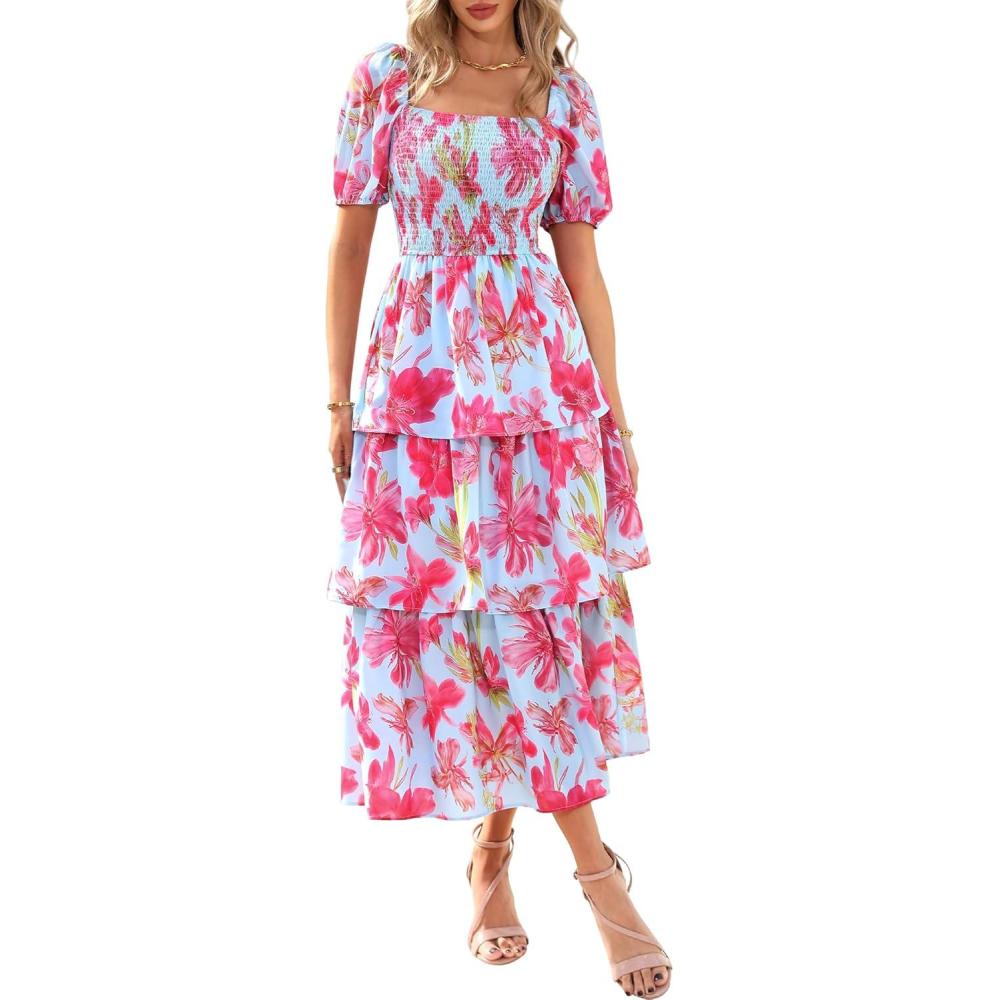 imageBTFBM Womens Square Neck Smocked Dress Summer Puff Short Sleeve Floral Casual Ruffle Tiered Maxi Wedding Guest DressesFloral Light Blue Pink