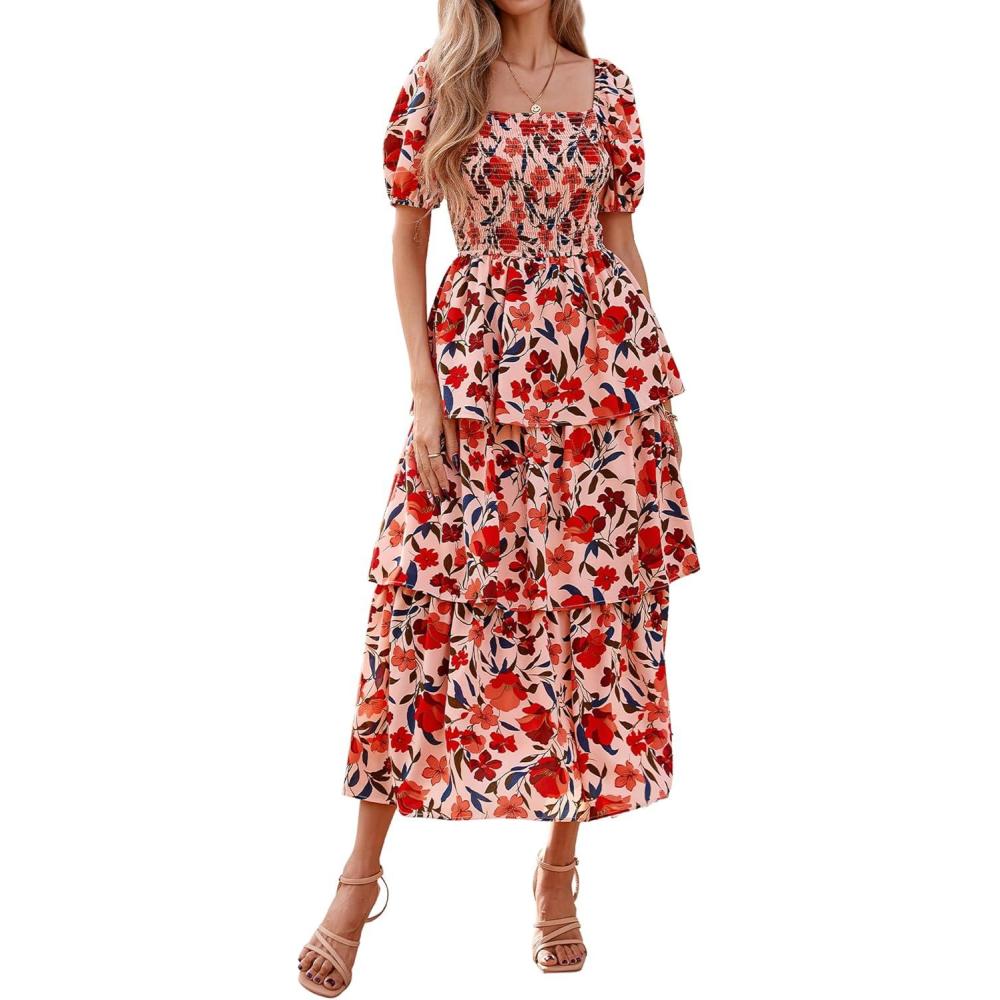 imageBTFBM Womens Square Neck Smocked Dress Summer Puff Short Sleeve Floral Casual Ruffle Tiered Maxi Wedding Guest DressesFloral Orange Pink Red