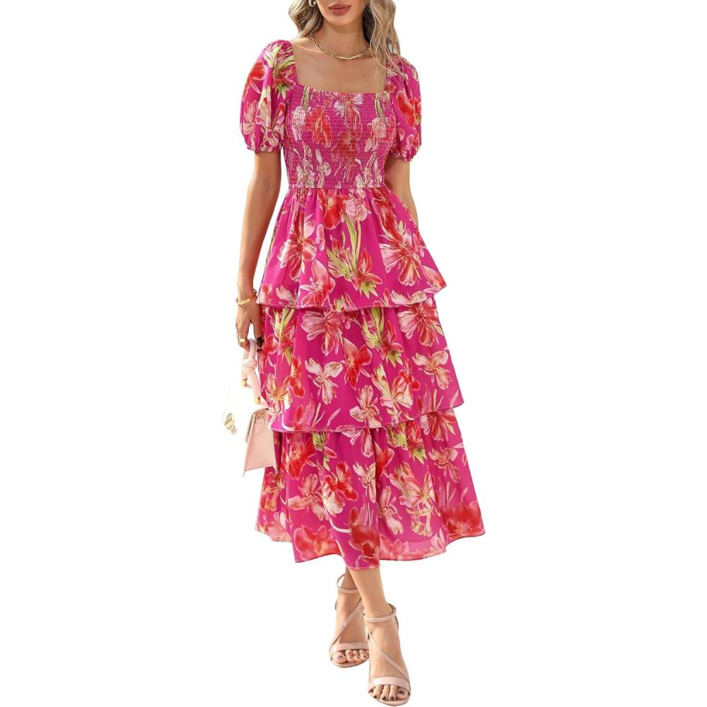 imageBTFBM Womens Square Neck Smocked Dress Summer Puff Short Sleeve Floral Casual Ruffle Tiered Maxi Wedding Guest DressesFloral Rose Red