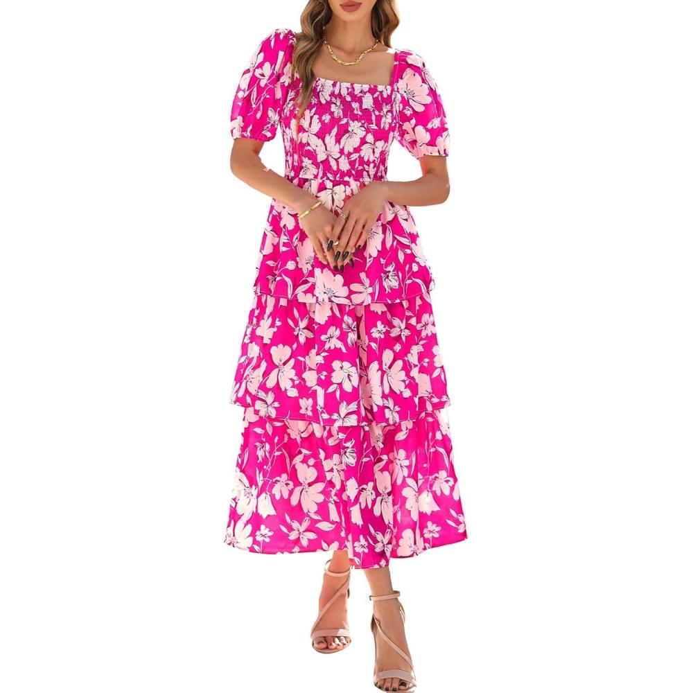 imageBTFBM Womens Square Neck Smocked Dress Summer Puff Short Sleeve Floral Casual Ruffle Tiered Maxi Wedding Guest DressesFloral Rose Red White