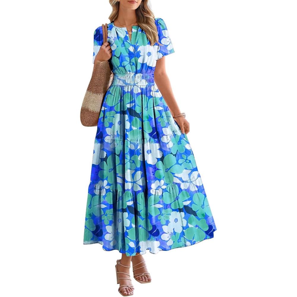 imageBTFBM Womens Summer Floral Maxi Dresses V Neck Short Sleeve Boho Casual Flowy Long Wedding Guest Dress Beach VacationFloral Blue Green