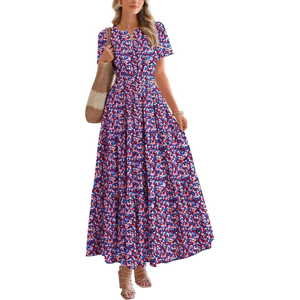 imageBTFBM Womens Summer Floral Maxi Dresses V Neck Short Sleeve Boho Casual Flowy Long Wedding Guest Dress Beach VacationFloral Red Blue