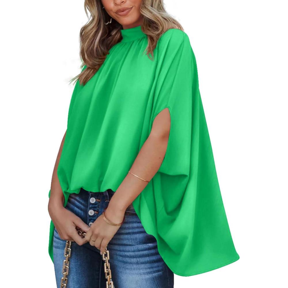 imageBTFBM Womens Summer Tops 2026 Mock Neck Batwing Sleeve Shirts Loose High Low Hem Oversized Dressy Casual Spring BlousesGrass Green