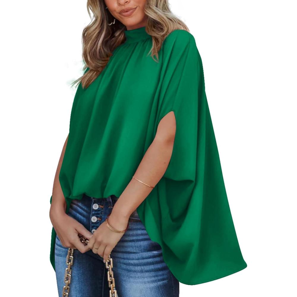 imageBTFBM Womens Summer Tops 2026 Mock Neck Batwing Sleeve Shirts Loose High Low Hem Oversized Dressy Casual Spring BlousesGreen