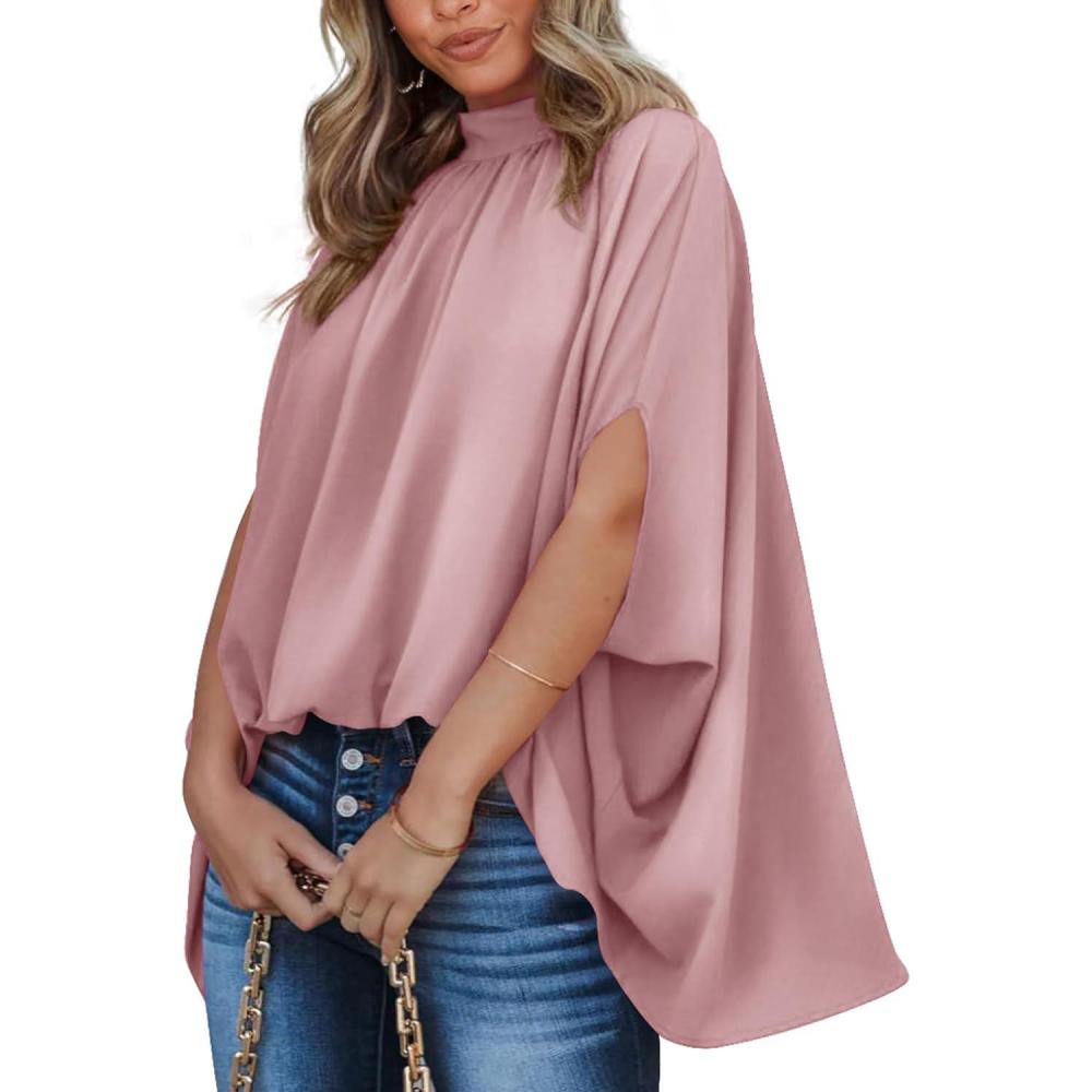 imageBTFBM Womens Summer Tops 2026 Mock Neck Batwing Sleeve Shirts Loose High Low Hem Oversized Dressy Casual Spring BlousesPink