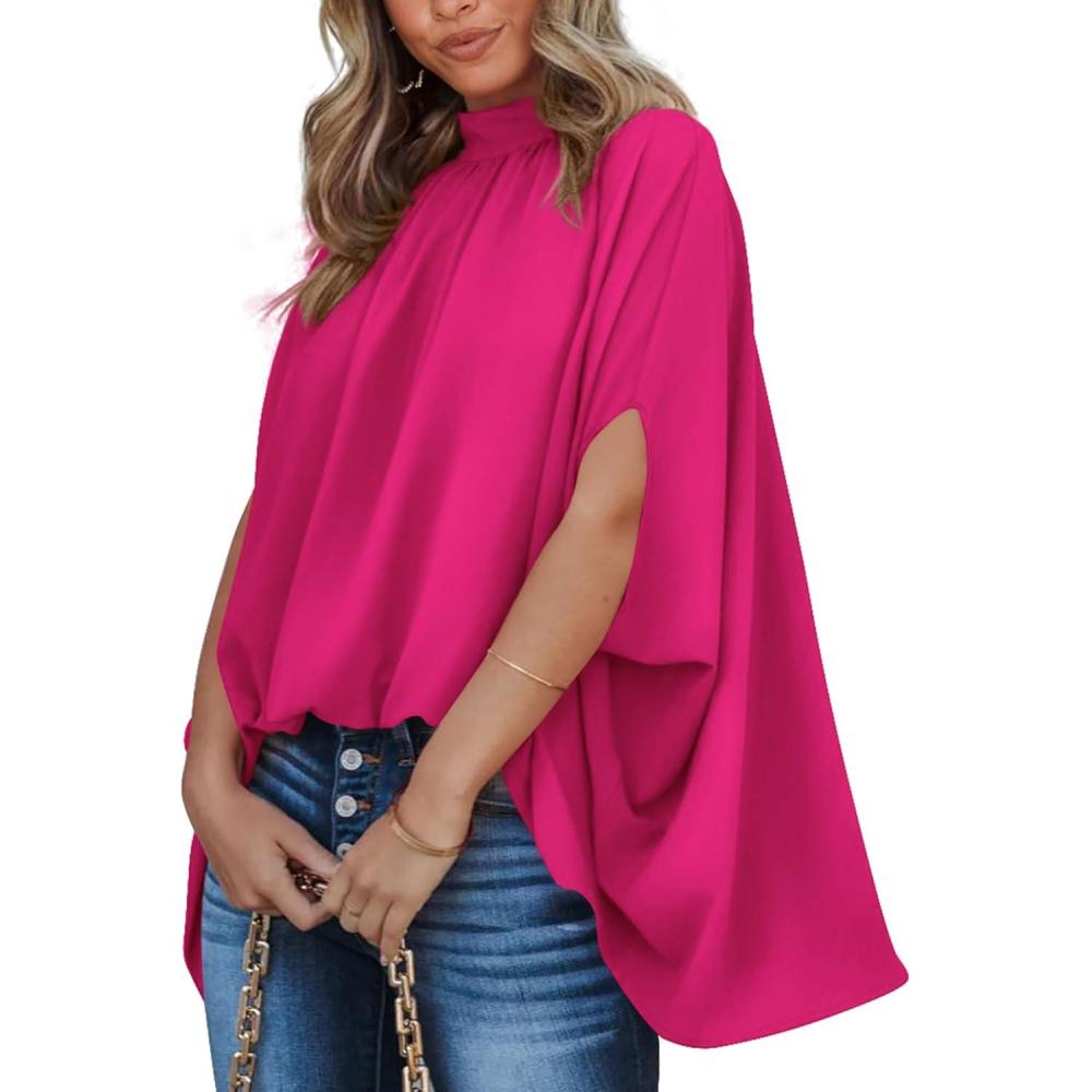 imageBTFBM Womens Summer Tops 2026 Mock Neck Batwing Sleeve Shirts Loose High Low Hem Oversized Dressy Casual Spring BlousesRose Red