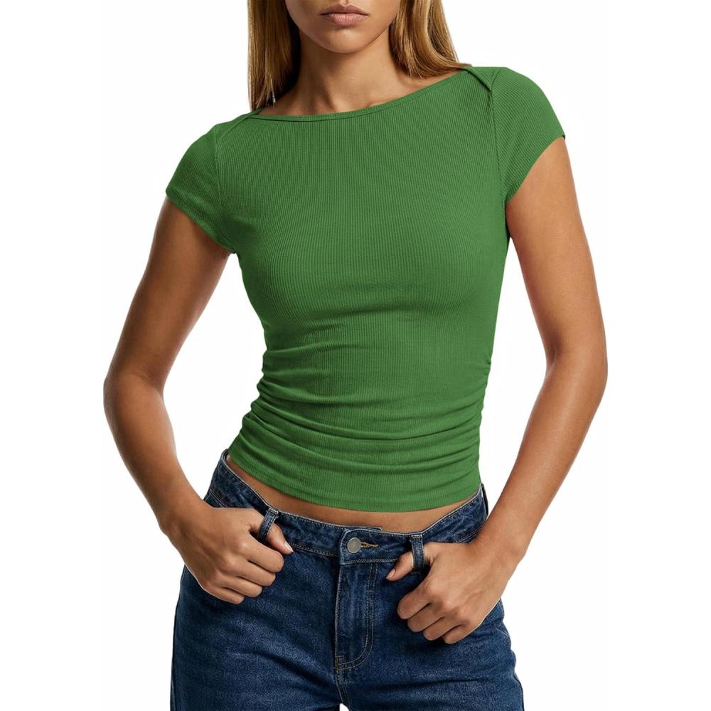 imageBTFBM Womens Summer Tops 2026 Ribbed T Shirts Crew Neck Short Sleeve Stretchy Ruched Slim Fit Workout Going Out TopGreen