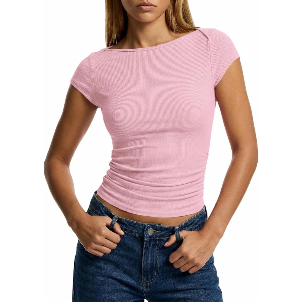 imageBTFBM Womens Summer Tops 2026 Ribbed T Shirts Crew Neck Short Sleeve Stretchy Ruched Slim Fit Workout Going Out TopPink