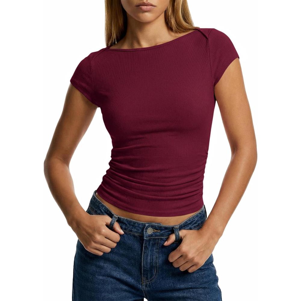 imageBTFBM Womens Summer Tops 2026 Ribbed T Shirts Crew Neck Short Sleeve Stretchy Ruched Slim Fit Workout Going Out TopWine Red