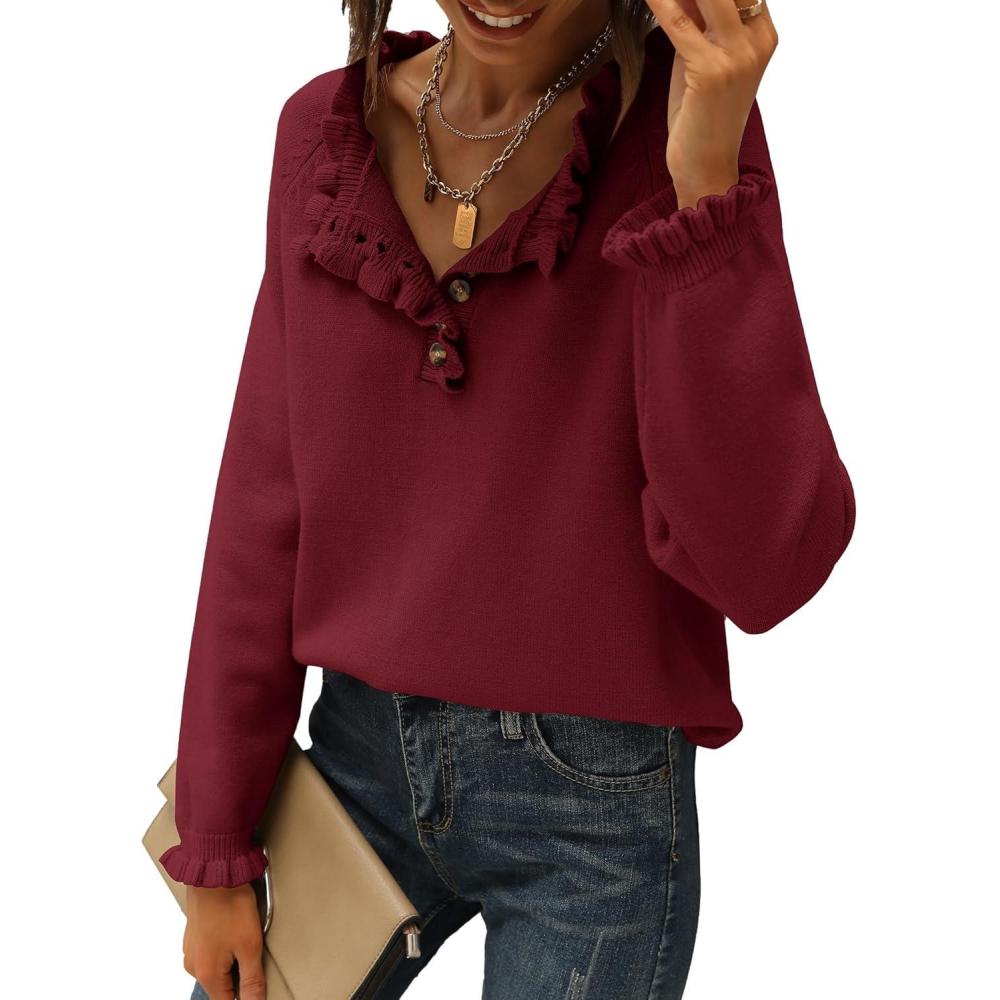 imageBTFBM Womens Sweaters Fall Winter Clothes 2025 Long Sleeve Button Down Ruffle Crew Neck Casual Knitted Pullover TopsJujube Red