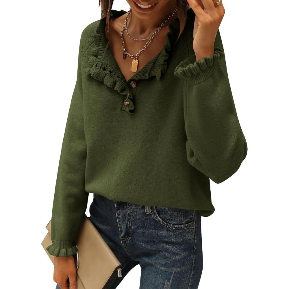 imageBTFBM Womens Sweaters Fall Winter Clothes 2025 Long Sleeve Button Down Ruffle Crew Neck Casual Knitted Pullover TopsOlive Green