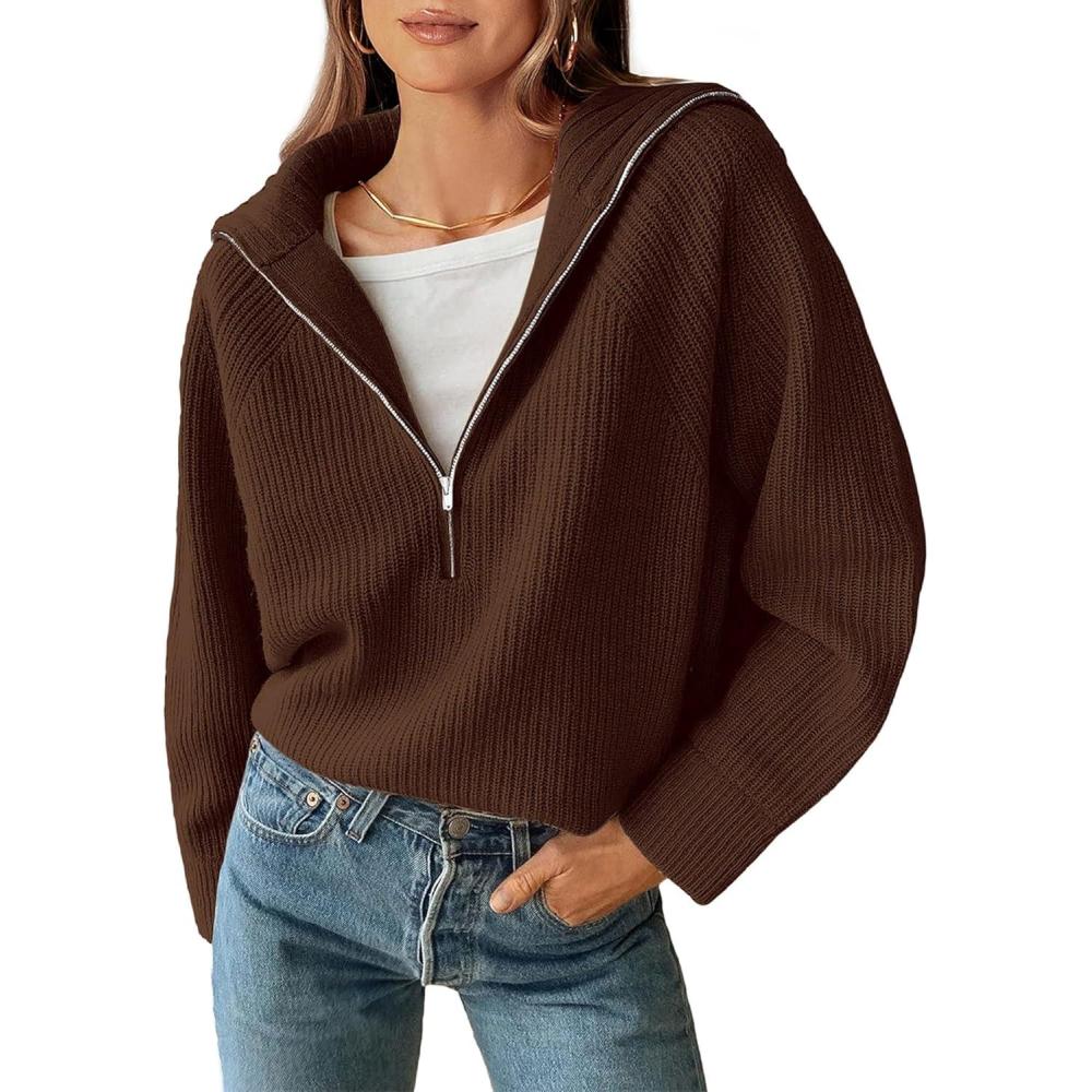 imageBTFBM Womens Sweaters Quarter Zip Pullover V Neck Collar Long Sleeve Ribbed Knit Loose Casual 2025 Winter Fall SweaterBrown