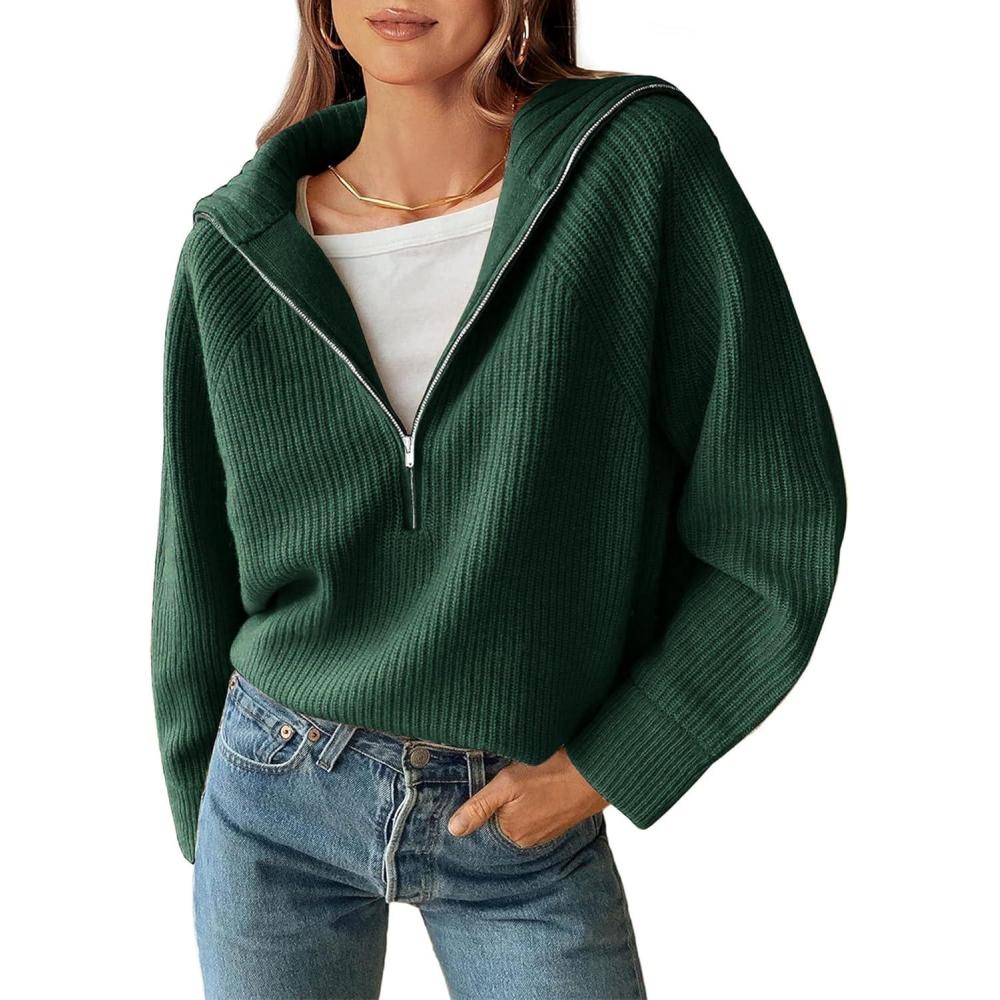 imageBTFBM Womens Sweaters Quarter Zip Pullover V Neck Collar Long Sleeve Ribbed Knit Loose Casual 2025 Winter Fall SweaterGreen