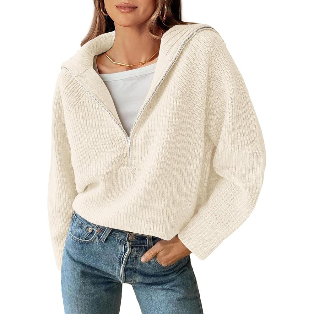 imageBTFBM Womens Sweaters Quarter Zip Pullover V Neck Collar Long Sleeve Ribbed Knit Loose Casual 2025 Winter Fall SweaterWhite