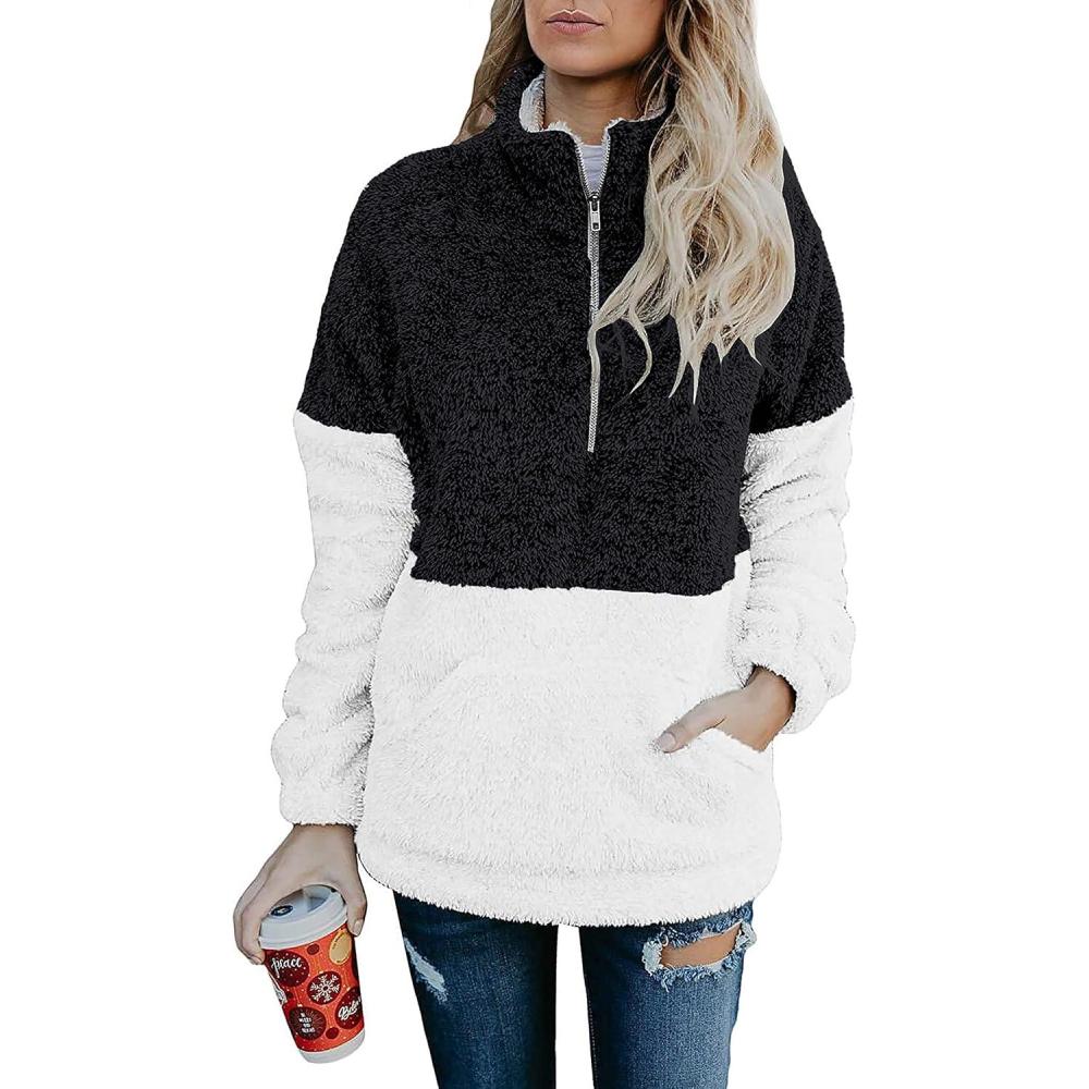 imageBTFBM Womens Sweatshirt Sherpa Quarter Zip Pullover Fall Winter 2025 Long Sleeve Fleece Sweaters Hoodies SweatshirtsBlack