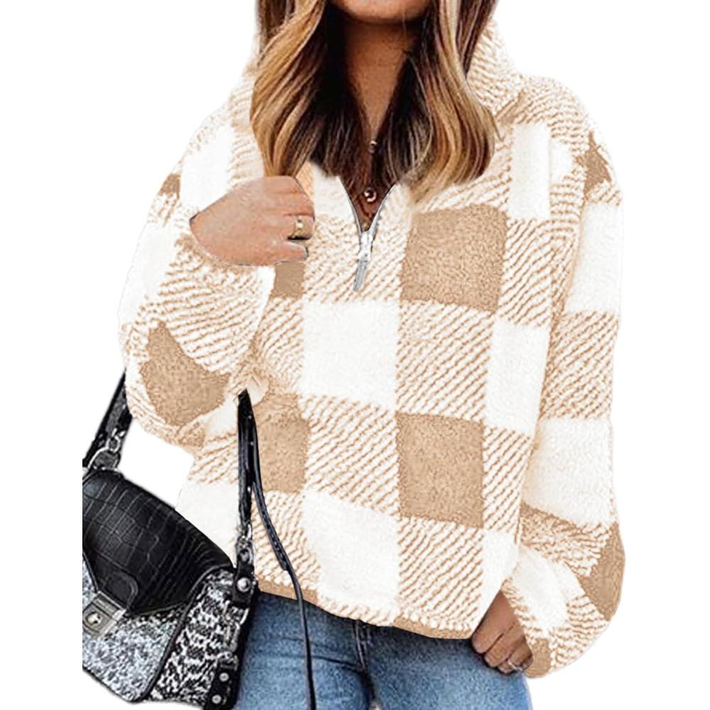 imageBTFBM Womens Sweatshirt Sherpa Quarter Zip Pullover Fall Winter 2025 Long Sleeve Fleece Sweaters Hoodies SweatshirtsPlaid Apricot