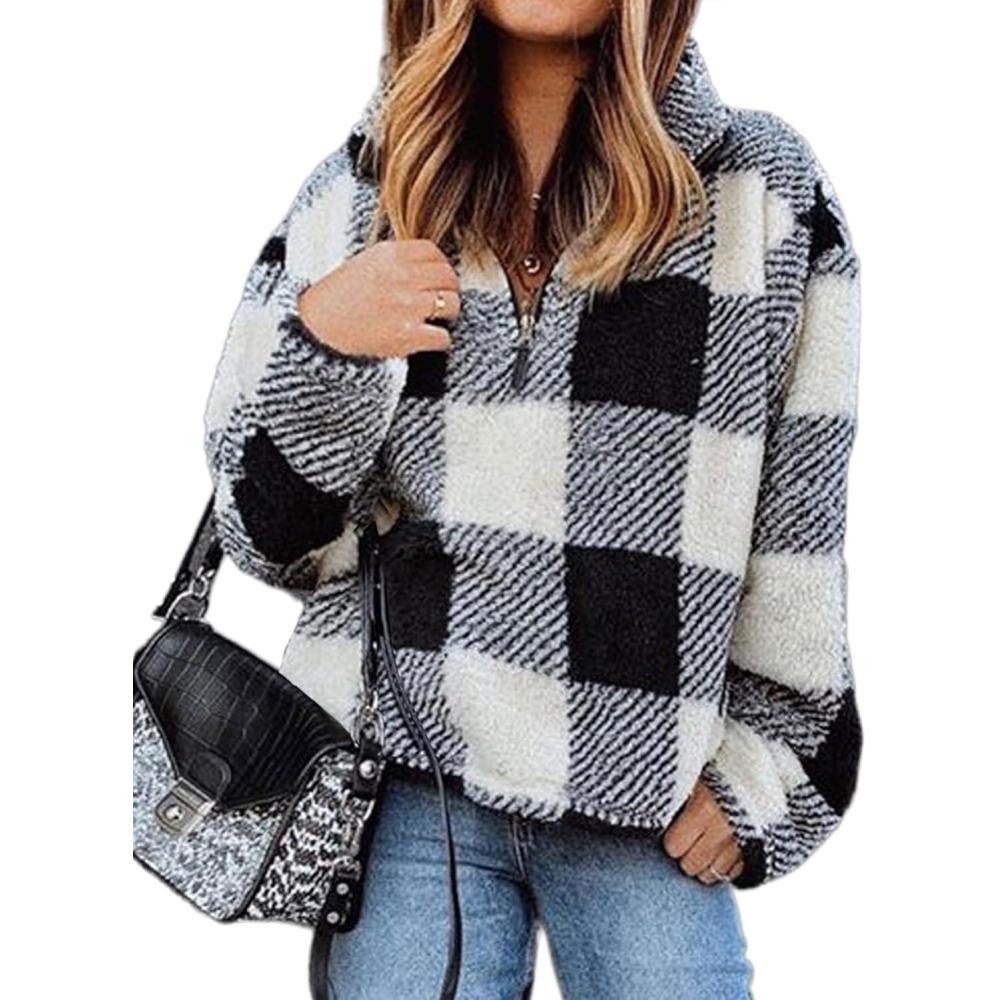 imageBTFBM Womens Sweatshirt Sherpa Quarter Zip Pullover Fall Winter 2025 Long Sleeve Fleece Sweaters Hoodies SweatshirtsPlaid Black