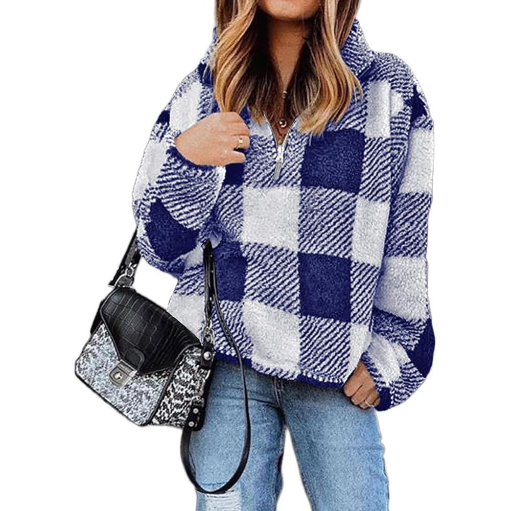 imageBTFBM Womens Sweatshirt Sherpa Quarter Zip Pullover Fall Winter 2025 Long Sleeve Fleece Sweaters Hoodies SweatshirtsPlaid Blue