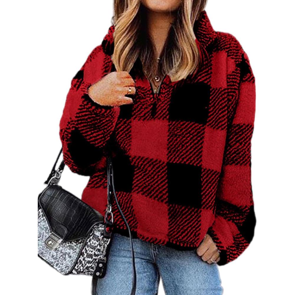 imageBTFBM Womens Sweatshirt Sherpa Quarter Zip Pullover Fall Winter 2025 Long Sleeve Fleece Sweaters Hoodies SweatshirtsPlaid Red