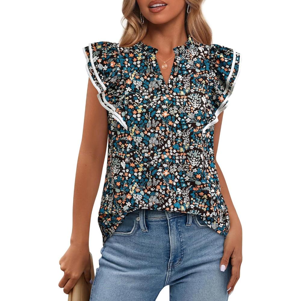 imageBTFBM Womens Tops Dressy Casual 2026 Spring Summer Shirts Boho Floral V Neck Ruffle Cap Sleeve Business Work BlousesFloral Black Blue