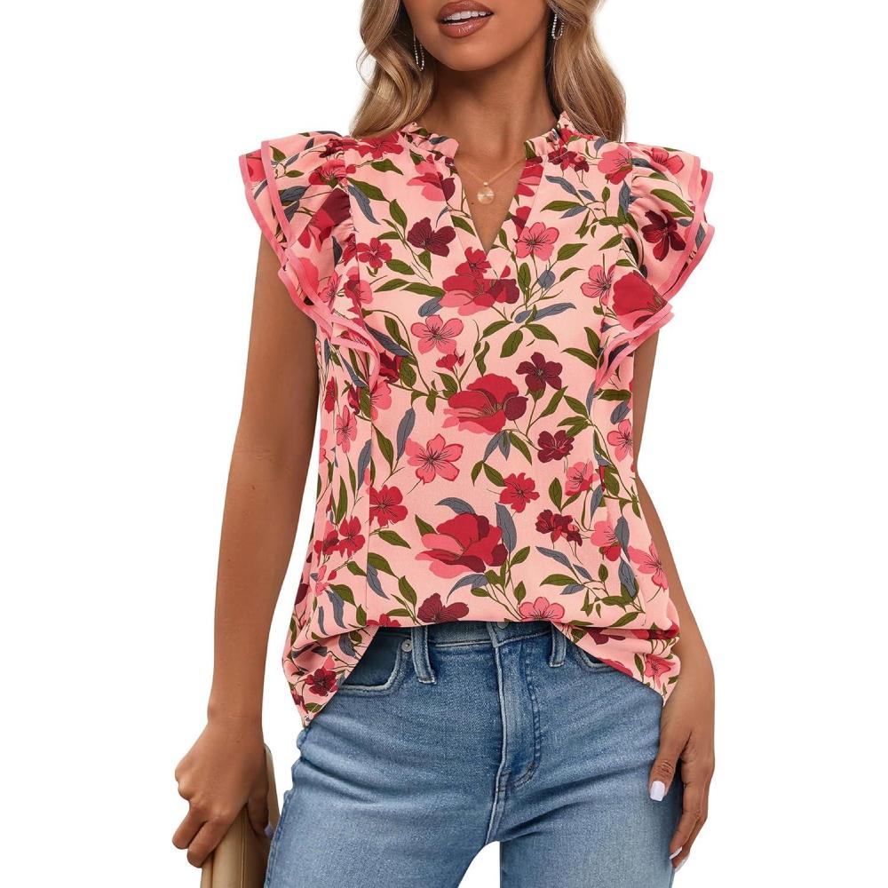 imageBTFBM Womens Tops Dressy Casual 2026 Spring Summer Shirts Boho Floral V Neck Ruffle Cap Sleeve Business Work BlousesFloral Orange Pink Red