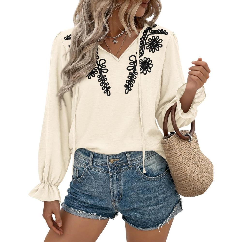 imageBTFBM Womens Tops Dressy Casual Fall 2025 Boho V Neck Ruffle Long Sleeve Shirts Floral Embroidered Work Business BlousesBeige