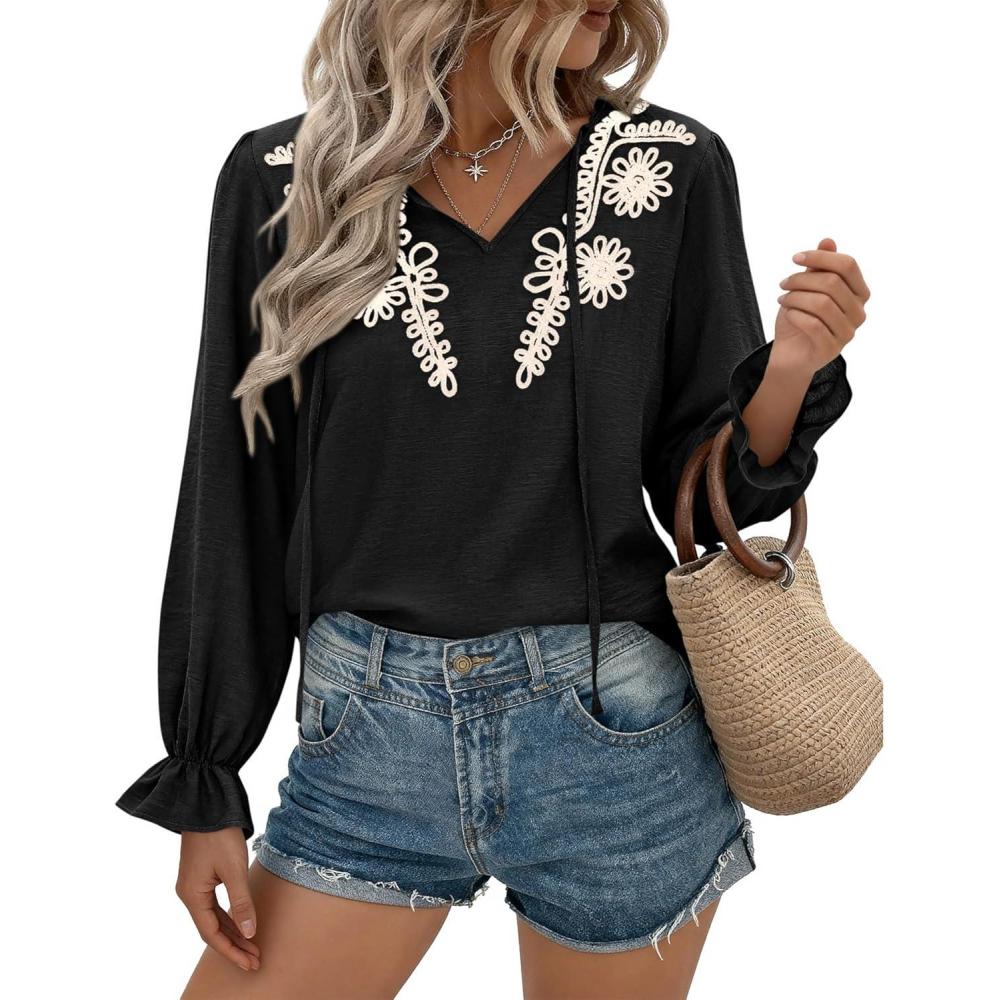 imageBTFBM Womens Tops Dressy Casual Fall 2025 Boho V Neck Ruffle Long Sleeve Shirts Floral Embroidered Work Business BlousesBlack