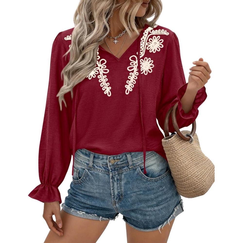 imageBTFBM Womens Tops Dressy Casual Fall 2025 Boho V Neck Ruffle Long Sleeve Shirts Floral Embroidered Work Business BlousesBurgundy