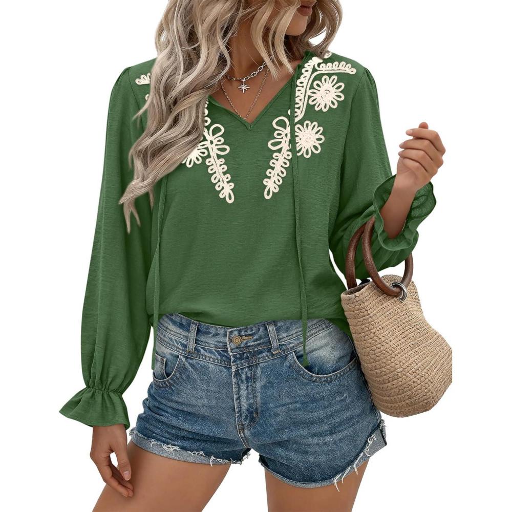 imageBTFBM Womens Tops Dressy Casual Fall 2025 Boho V Neck Ruffle Long Sleeve Shirts Floral Embroidered Work Business BlousesGreen