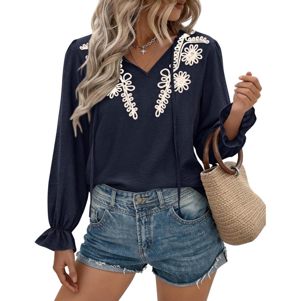 imageBTFBM Womens Tops Dressy Casual Fall 2025 Boho V Neck Ruffle Long Sleeve Shirts Floral Embroidered Work Business BlousesNavy