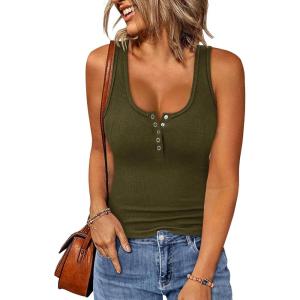 BTFBM 2026 Spring Tops for Women Summer Scoop Neck Ribbed Henley Button Sleeveless Casual Basic Tank Top Clothes Outfits(Army Green)