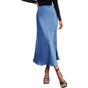 BTFBM 2026 Womens Spring Summer Long Satin Skirt Silk Elegant High Waist Cocktail Party Wedding Flowy A-Line Midi Skirts(Blue)