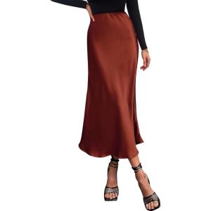 BTFBM 2026 Womens Spring Summer Long Satin Skirt Silk Elegant High Waist Cocktail Party Wedding Flowy A-Line Midi Skirts(Brown)