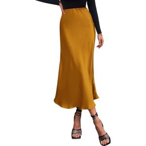 BTFBM 2026 Womens Spring Summer Long Satin Skirt Silk Elegant High Waist Cocktail Party Wedding Flowy A-Line Midi Skirts(Brown Yellow)