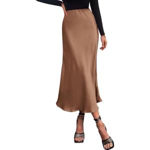 BTFBM 2026 Womens Spring Summer Long Satin Skirt Silk Elegant High Waist Cocktail Party Wedding Flowy A-Line Midi Skirts(Coffee)