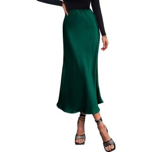 BTFBM 2026 Womens Spring Summer Long Satin Skirt Silk Elegant High Waist Cocktail Party Wedding Flowy A-Line Midi Skirts(Dark Green)