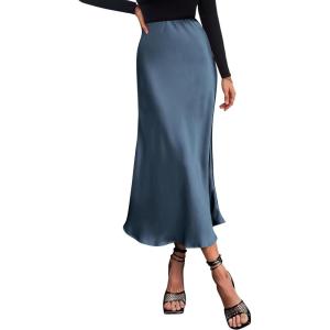BTFBM 2026 Womens Spring Summer Long Satin Skirt Silk Elegant High Waist Cocktail Party Wedding Flowy A-Line Midi Skirts(Grey Blue)