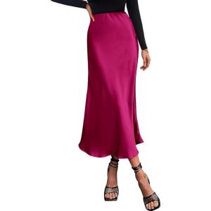 BTFBM 2026 Womens Spring Summer Long Satin Skirt Silk Elegant High Waist Cocktail Party Wedding Flowy A-Line Midi Skirts(Rose Red)