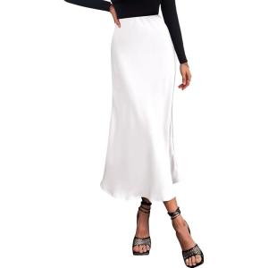 BTFBM 2026 Womens Spring Summer Long Satin Skirt Silk Elegant High Waist Cocktail Party Wedding Flowy A-Line Midi Skirts(White)