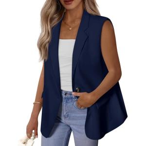 BTFBM Blazers For Women Open Front Button Loose Vest Tops For Women Work Business Casual Outfits Summer Fashion 2026(Navy Blue)