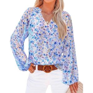 BTFBM Blouses for Women Dressy Casual Floral Summer Boho Tops V Neck Lightweight Long Sleeve Shirts Spring Clothes 2026(Floral Dark Blue)