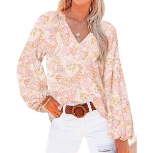 BTFBM Blouses for Women Dressy Casual Floral Summer Boho Tops V Neck Lightweight Long Sleeve Shirts Spring Clothes 2026(Floral Print Apricot)