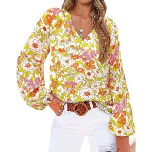 BTFBM Blouses for Women Dressy Casual Floral Summer Boho Tops V Neck Lightweight Long Sleeve Shirts Spring Clothes 2026(Floral Yellow)